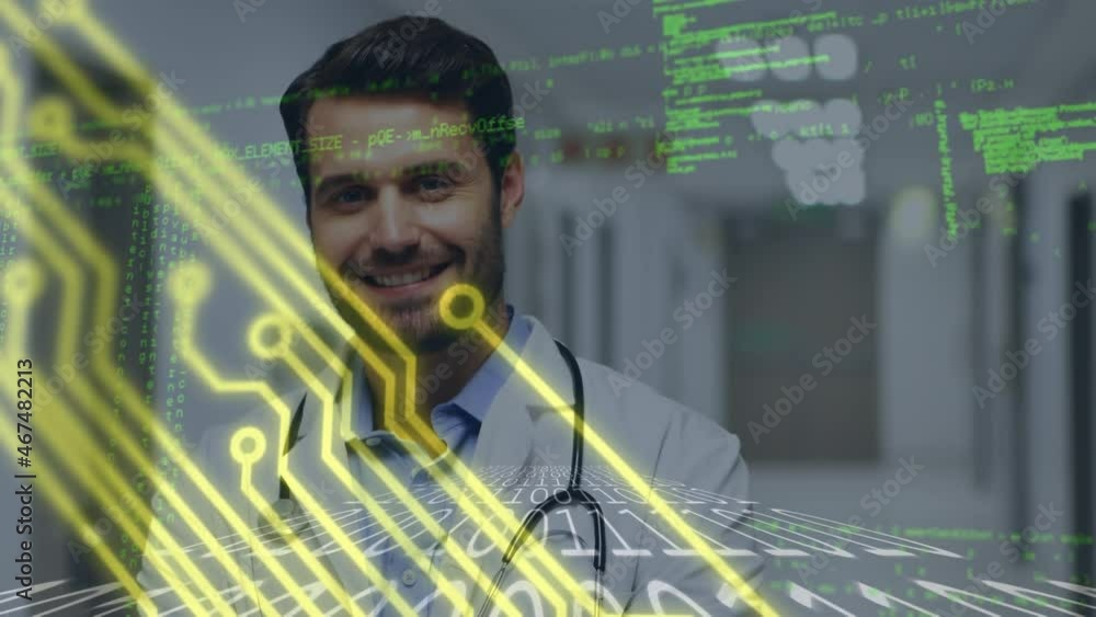Poster animation of data processing and computer circuit board over male doctor