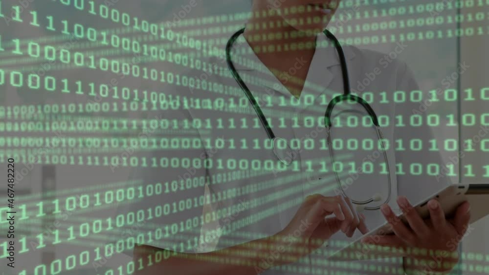 Poster animation of binary coding data processing over female doctor