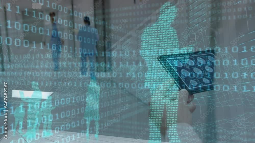 Poster animation of binary coding data processing over male doctor using tablet