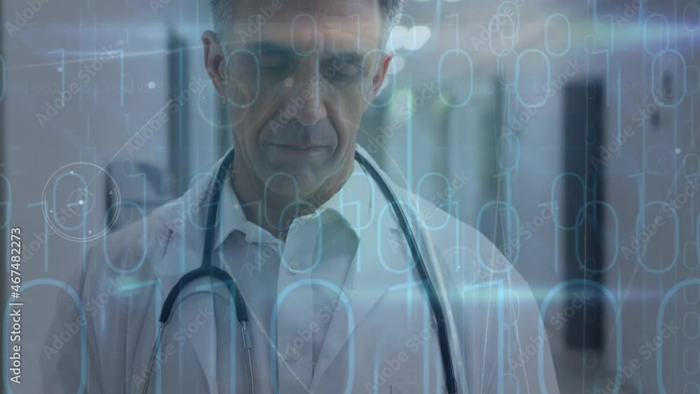 Poster animation of binary coding data processing over male doctor using tablet
