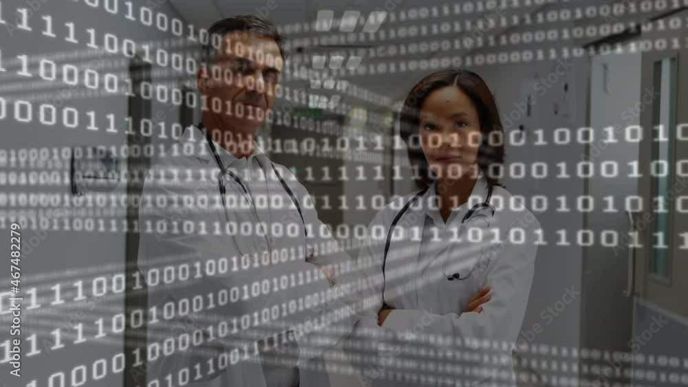 Aufkleber animation of binary coding data processing over male and female doctor