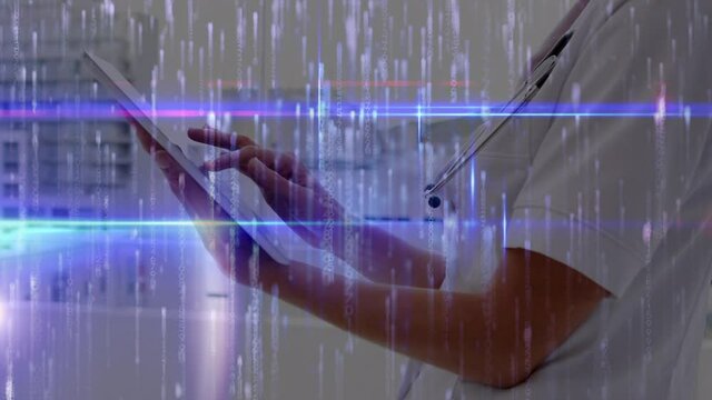 Animation of data processing over female doctor using tablet