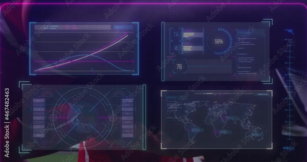 Poster animation of interface and data processing over male rugby players in scrum