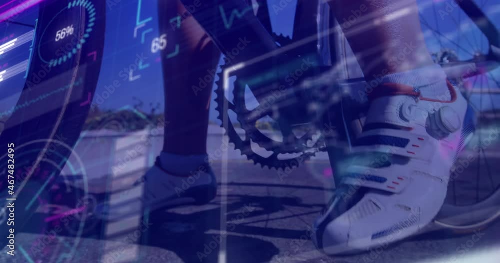Aufkleber animation of interface and data processing over feet of cyclist