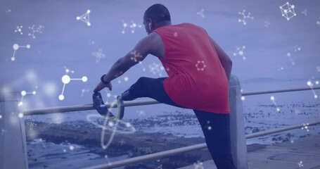 Animation of communication networks over male athlete with running blade stretching outdoors - Powered by Adobe