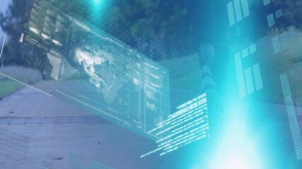 Animation of interface and processing data over male athlete with prosthetic leg running outdoors - Powered by Adobe