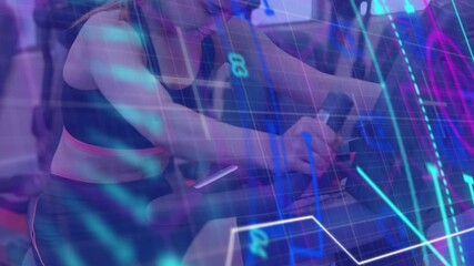 Animation of interface and data processing over female athlete exercising on running machine - Powered by Adobe