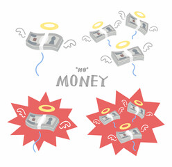 札束が飛んでいくイラスト（お札・浪費・消費・貧乏・なくなる）
