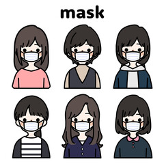 人物イラストセット_かわいい私服の女の子_マスク