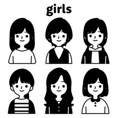 人物イラストセット_かわいい私服の女の子_モノトーン