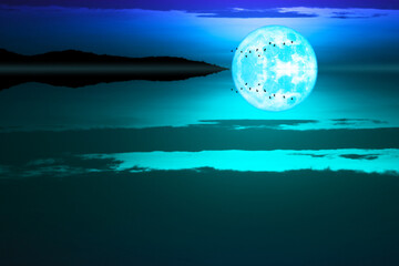 Super beaver blue moon and silhouette birds flying and dark cloud on night sky