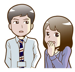 ひそひそと噂（うわさ）話をする会社員の男女