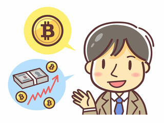 ビットコインの説明をする男性のイラスト（もちかける・誘う）