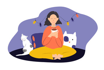 vector illustration - a girl at home in a cozy atmosphere drinks hot tea, coffee or cocoa, next to her is a cat. thorn illustration in flat style
