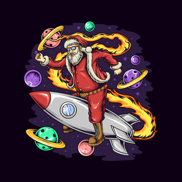 christmas santa claus sitting on a space rocket on christmas eve