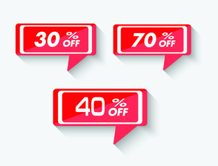 Sale and discount  labels. Price off tag icon. 30, 40,  70 percent sale. Vector illustration.