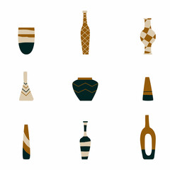 Vase vector decorative ceramic pot and decor glass ceramics. A set of empty vessels, in a flat style isolated on a white background