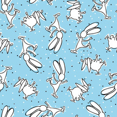 Seamless vector pattern with skating rabbit and snow. Falling snowflakes on a blue ice. Christmas or Easter background with doodle hare. New Year's print with a bunny on a skating rink.