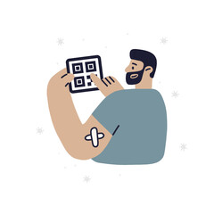 Happy covid vaccinated man with QR code. Hand with a plaster after vaccination. Vector fully editable isolated illustration on white background.