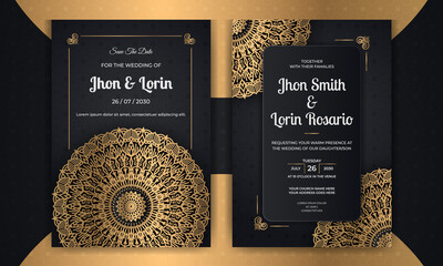 Black royal wedding invitation card design with golden mandala pattern