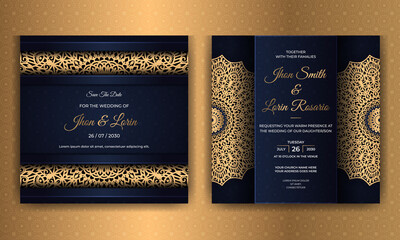 Elegant blue wedding invitation card design with golden mandala
