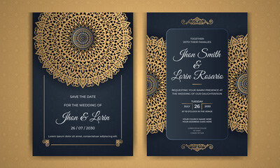 Golden clean wedding invitation card design with abstract pattern and mandala