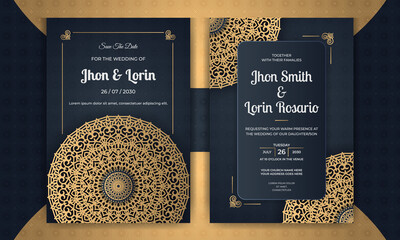 Unique wedding invitation card design with golden mandala and abstract pattern