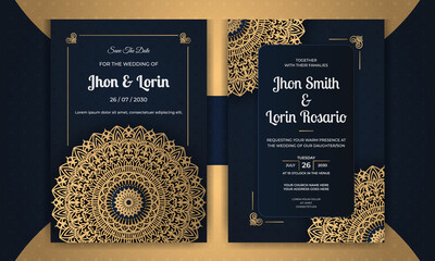 Royal blue wedding Invitation card design with golden mandala