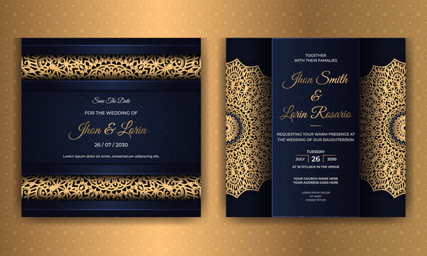 Elegant blue wedding invitation card design with golden mandala