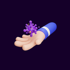 hand with purple virus on dark background isolated. Scene for award background. 3D render illustration.