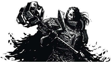 A brutal old paladin in heavy plate armor with beautiful patterns stands with a huge two-handed hammer in his hands, he is a holy warrior with long hair and glowing eyes, mustache and beau. 2d  art