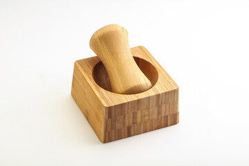 Wooden mortar for kitchen isolated