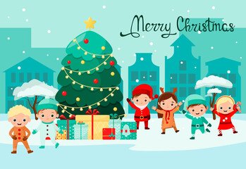 Funny kids in costumes on the city Christmas tree. A greeting card. Flat design. Vector illustration.
