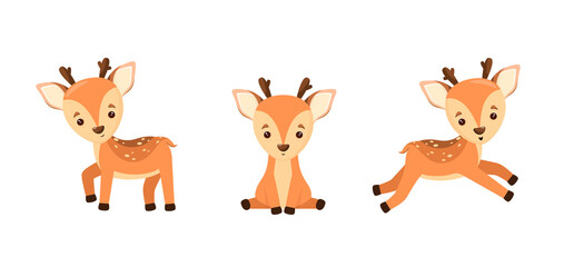 A set of cute fawns in cartoon style on a white background. Vector illustration.