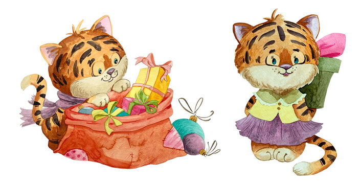 Set with cute tigers character. Watercolor illustration isolated on white background. Cute tigers is preparing for the holiday.
