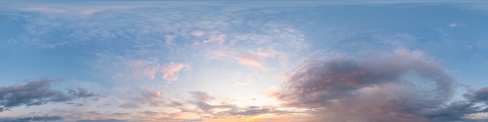 Naklejka na ściany i meble Dark blue sunset sky panorama with Cirrus clouds. Seamless hdr pano in spherical equirectangular format. Complete zenith for 3D visualization, game and sky replacement for aerial drone 360 panoramas.