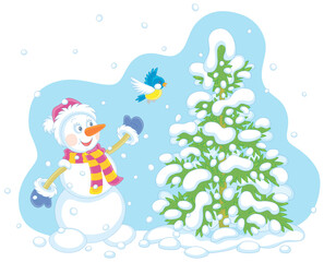 Funny toy snowman friendly smiling and playing with a merry small bird near a pretty green fir in a snowy park on a cold winter day, vector cartoon illustration isolated on white