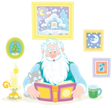 Santa Claus with his little kitten reading an interesting book by candlelight on a winter evening, vector cartoon illustration isolated on a white background