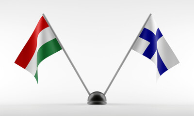 Stand with two national flags. Flags of Hungary and Finland. Isolated on a white background. 3d rendering