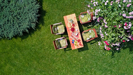 Decorated table with cheese, strawberry and fruits in beautiful summer rose garden, aerial top view...