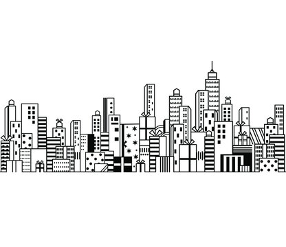 Cityscape, skyscrapers, endless seamless pattern, gift boxes with ribbons, cityscape, frames, borders, vector image. Design for cards, package, t shirts, banners, posters, showcase, borders, header