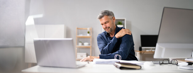 Naklejka premium Posture Fatigue Shoulder Pain. Mature Man