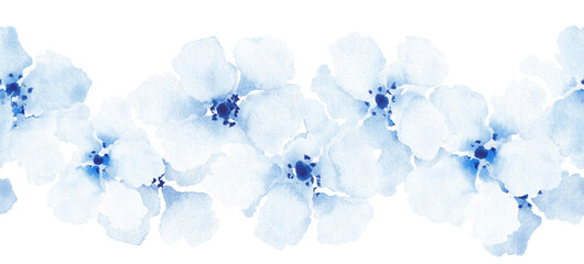Softness floral set seamless border. Blue watercolor flowers on white background. Vintage design element.