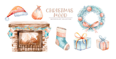 Watercolor Merry Christmas illustration with snowman, christmas tree, santa holiday invitation. Christmas gift celebration cards. Winter new year design.