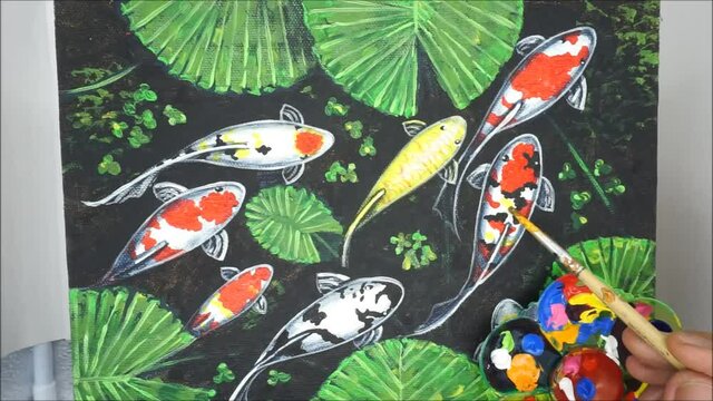 Fancy Carp Fish Oil Painting , Auspiciousness , koi , Palette , paintbrush 