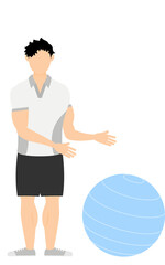 スポーツジムインストラクター男性のポーズ、バランスボールを勧める