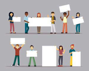 Fototapeta premium Cheerful multinational people with blank posters banners. Young male and female characters happily holding bulletin boards and advertisements modern marketing style. Vector cartoon.