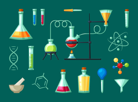 Laboratory equipment and flasks set. Test tubes with colored reagents and apparatus for distilling pipette mortar for grinding accurately dosing substances in research. Vector cartoon pharmacy.