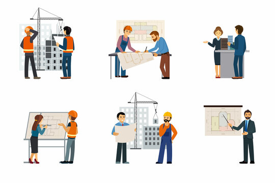Design and construction of buildings set. Male and female characters draw building diagrams and manage works industrial projects and skyscrapers development of infrastructures. Vector cartoon