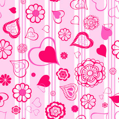 Fototapeta na wymiar Hand drawn flowers and hearts random repeat seamless pattern. Saint valentine's day toss repeat surface design. Valentine day ditsy boundless background. Pink striped doodle endless texture.